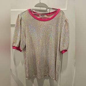 Haptics by Holly Harper Sequin Top Small Silver Holographic Pink Trim Party Tee